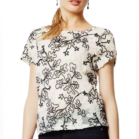 Meadow Rue Anthropologie Cherry Blossom Sheer Black White Floral Blouse Size L - Picture 1 of 6